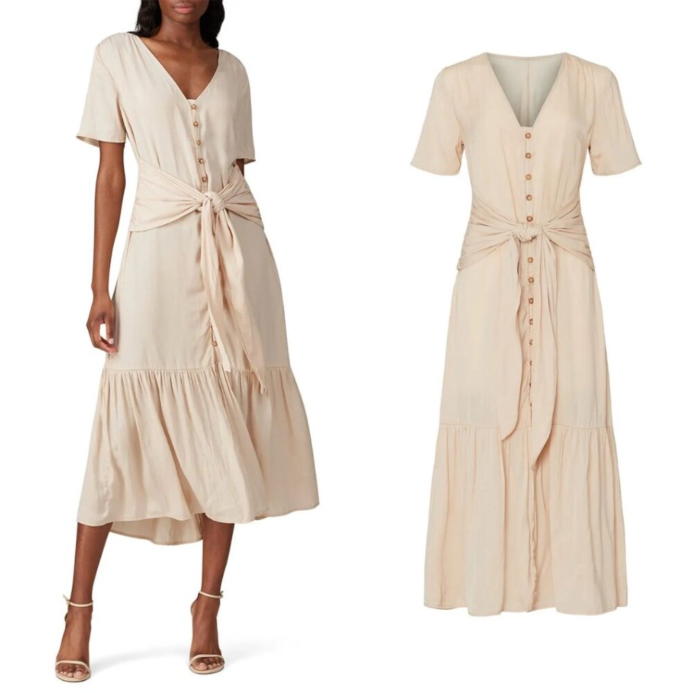 Love, Whit Satin Midi Dress Cream Pink Nude Tie Waist Button